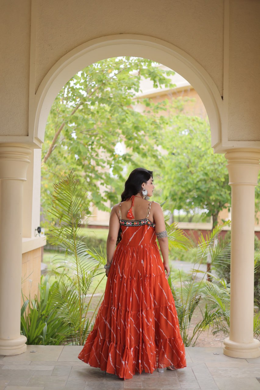 Rust Orange Kutchi Patchwork Laheriya Gown | 12 Meter Flair | Navratri 2026