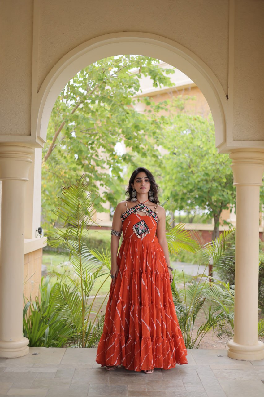 Rust Orange Kutchi Patchwork Laheriya Gown | 12 Meter Flair | Navratri 2026