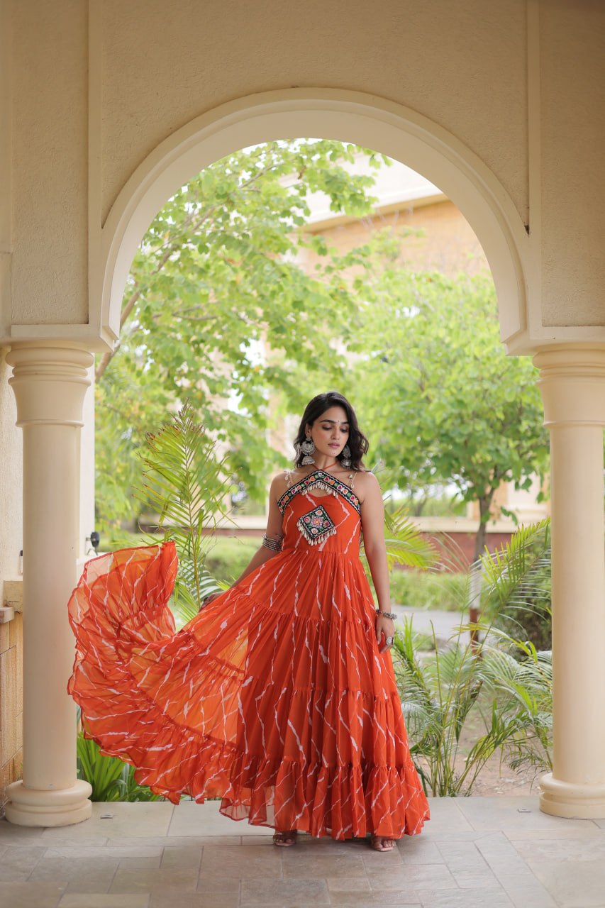 Rust Orange Kutchi Patchwork Laheriya Gown | 12 Meter Flair | Navratri 2026