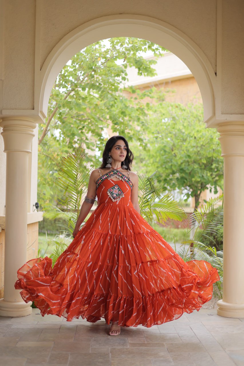 Rust Orange Kutchi Patchwork Laheriya Gown | 12 Meter Flair | Navratri 2026