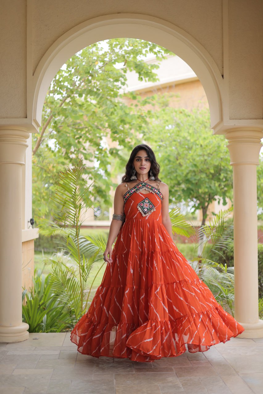 Rust Orange Kutchi Patchwork Laheriya Gown | 12 Meter Flair | Navratri 2026