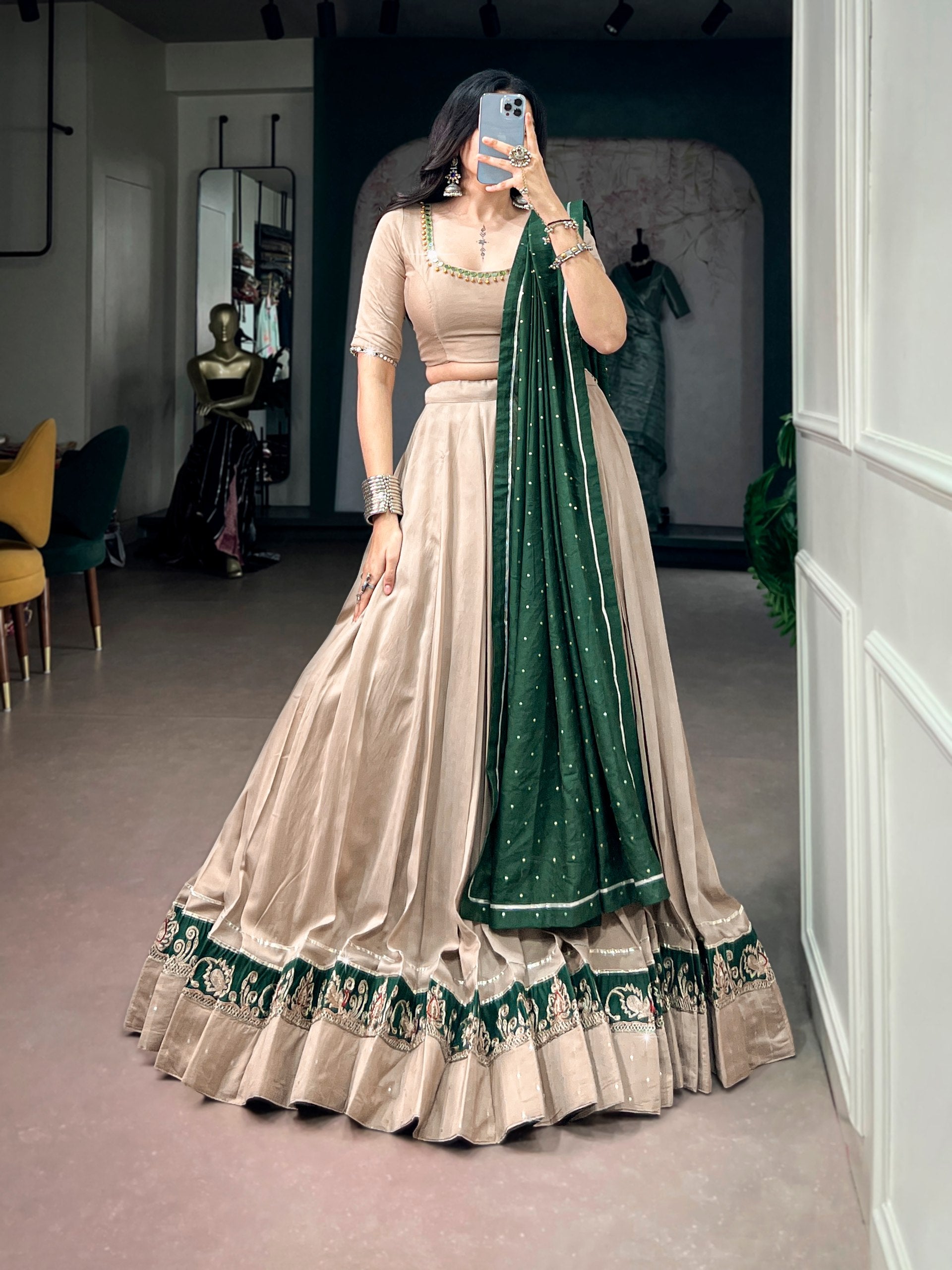 Beige & Green Designer Chanderi Lehenga Choli with Mirror Work – Navratri Collection 2026