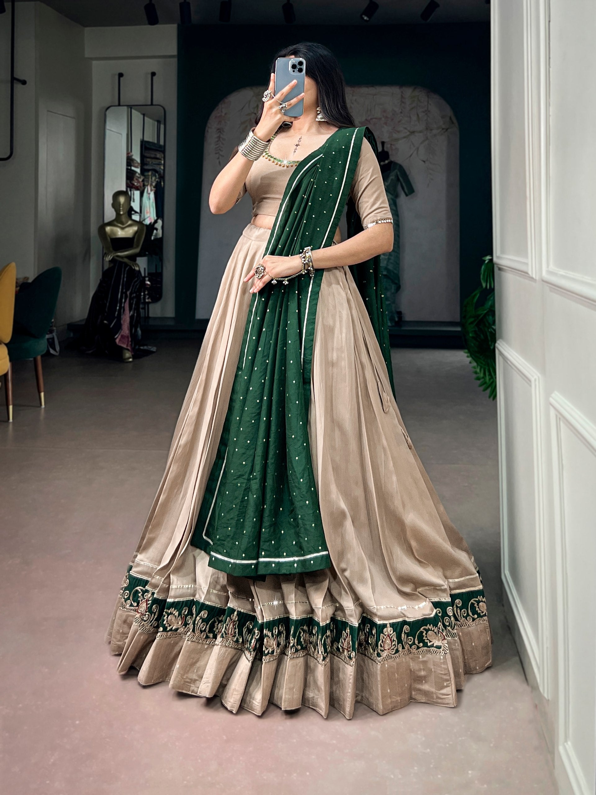 Beige & Green Designer Chanderi Lehenga Choli with Mirror Work – Navratri Collection 2026