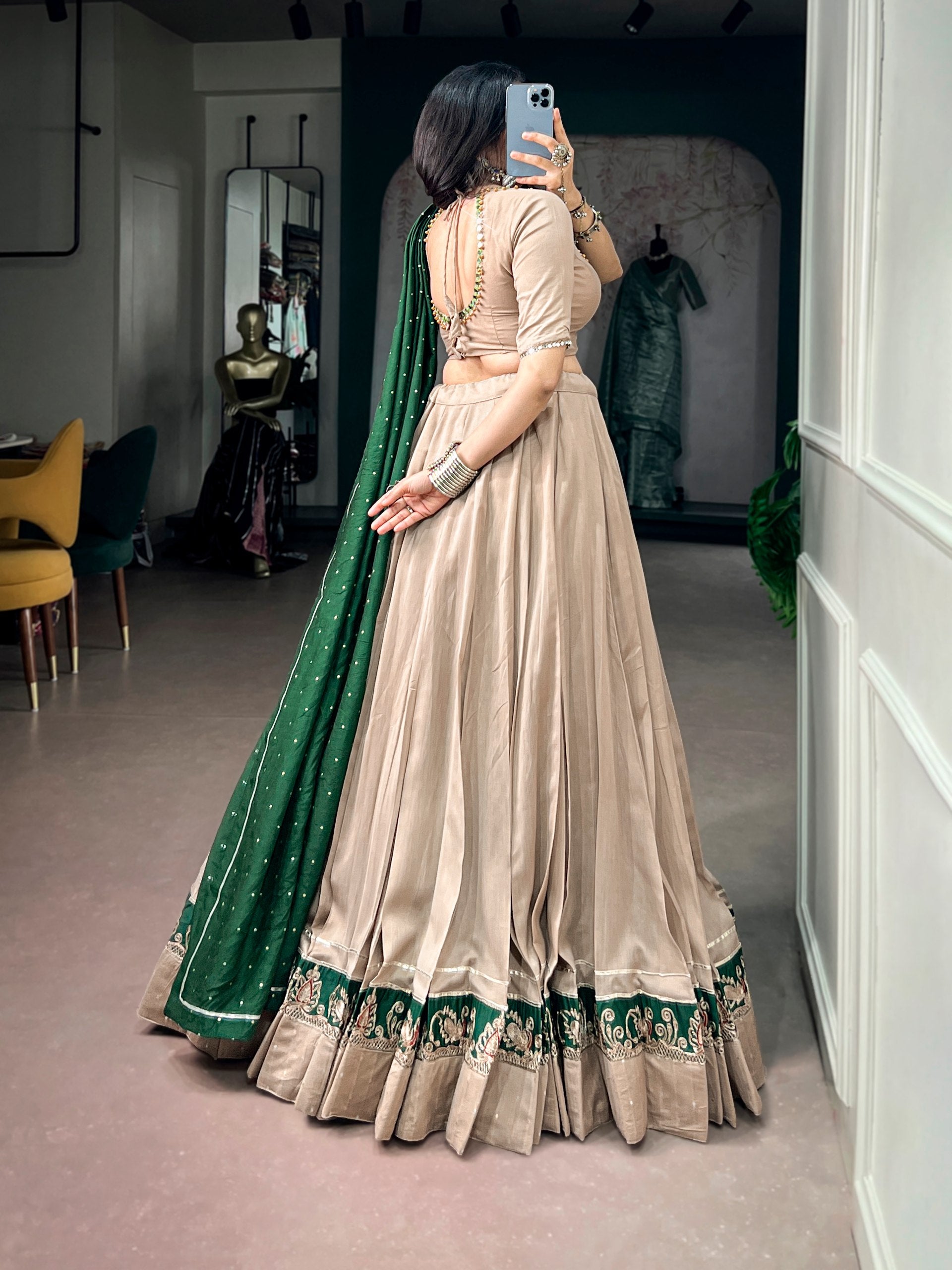 Beige & Green Designer Chanderi Lehenga Choli with Mirror Work – Navratri Collection 2026