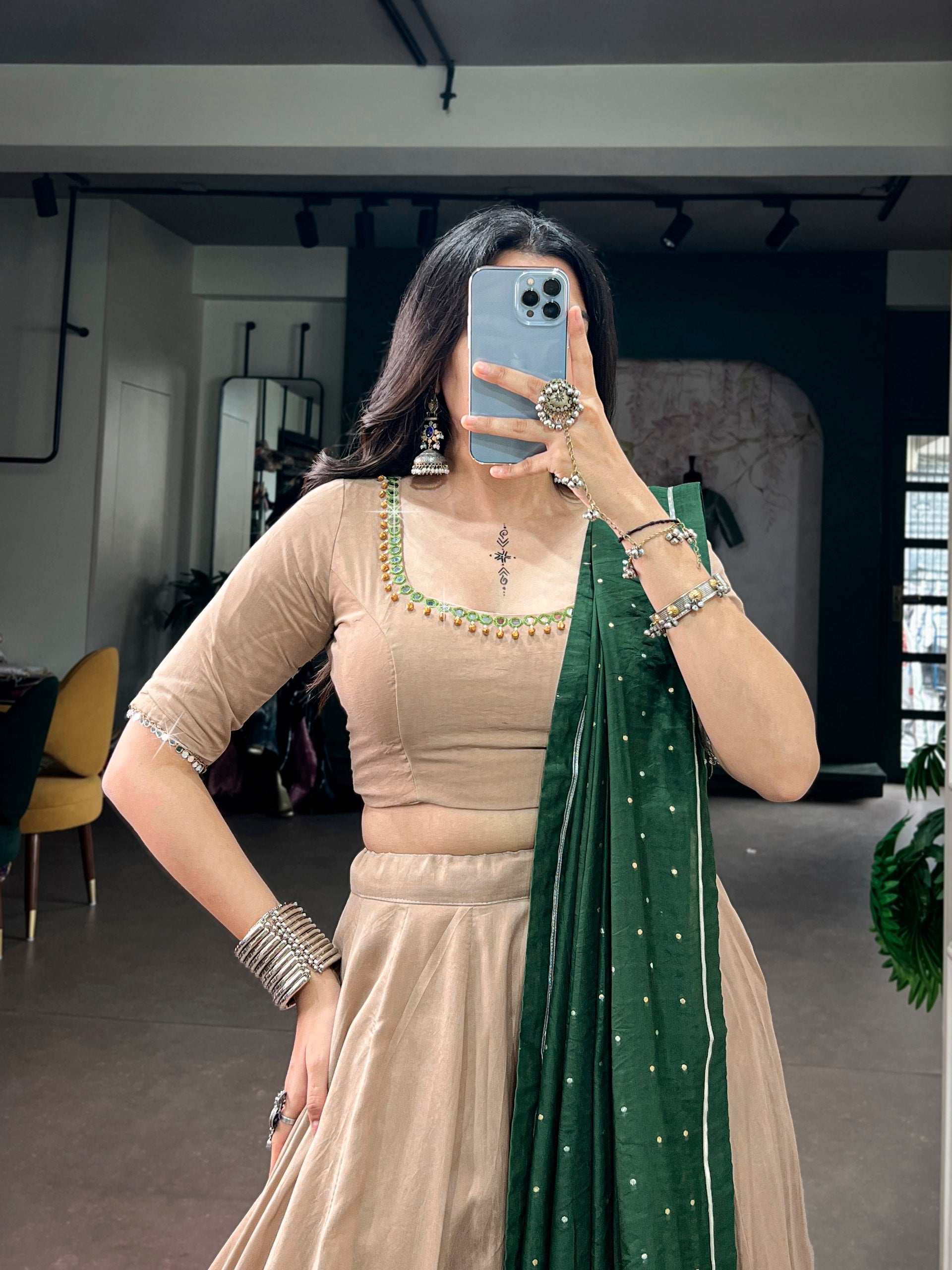 Beige & Green Designer Chanderi Lehenga Choli with Mirror Work – Navratri Collection 2026