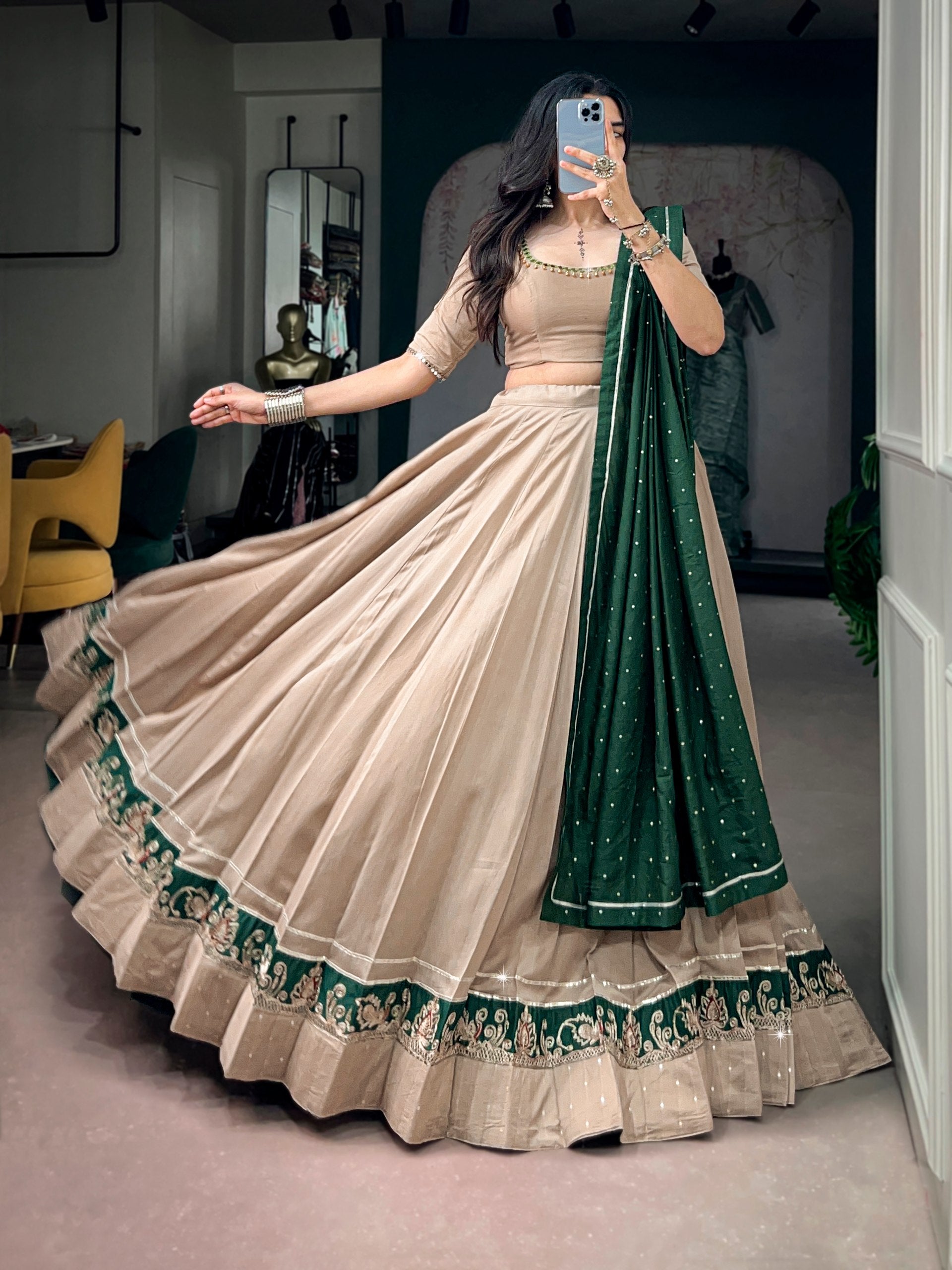 Beige & Green Designer Chanderi Lehenga Choli with Mirror Work – Navratri Collection 2026