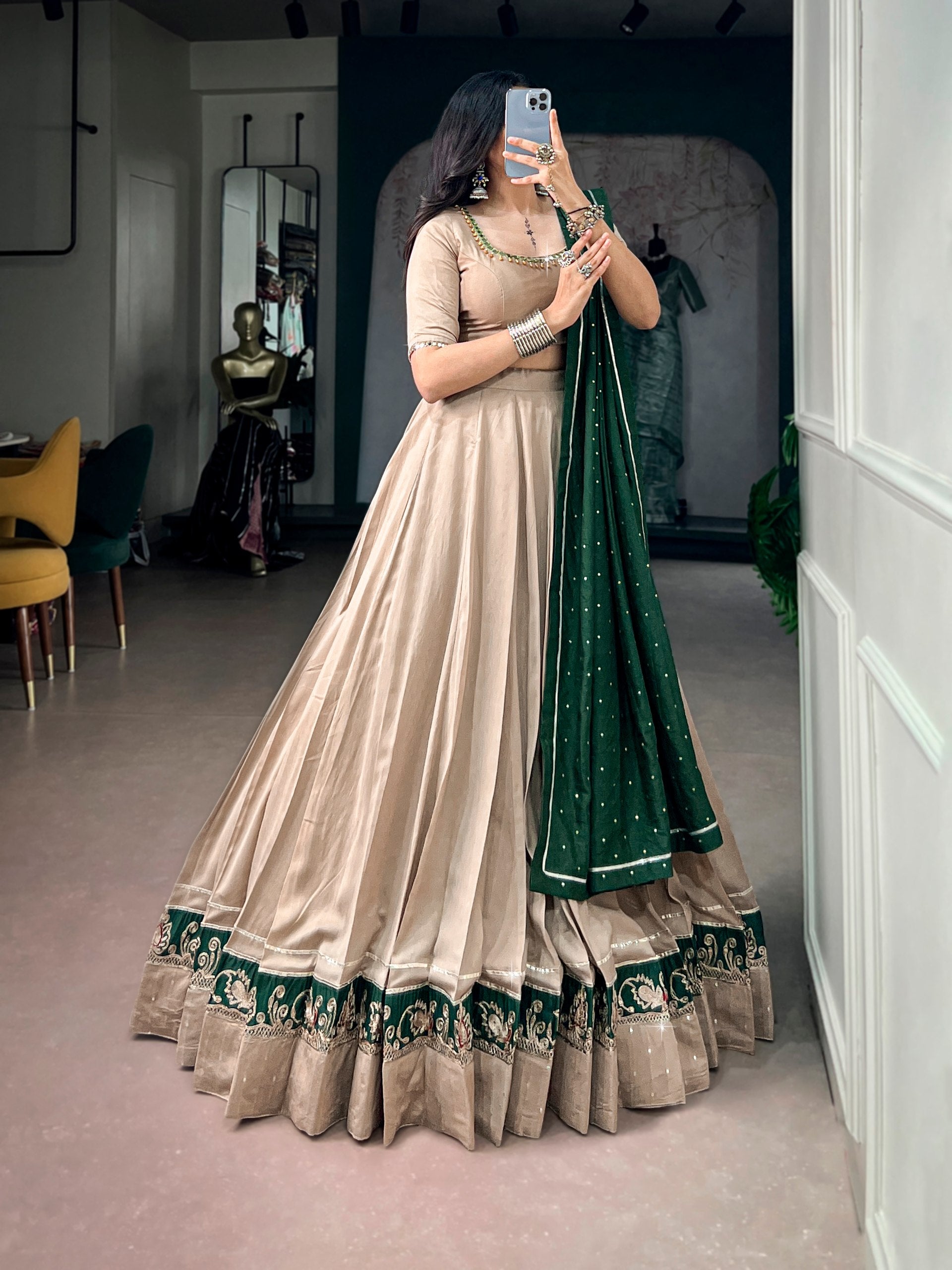 Beige & Green Designer Chanderi Lehenga Choli with Mirror Work – Navratri Collection 2026