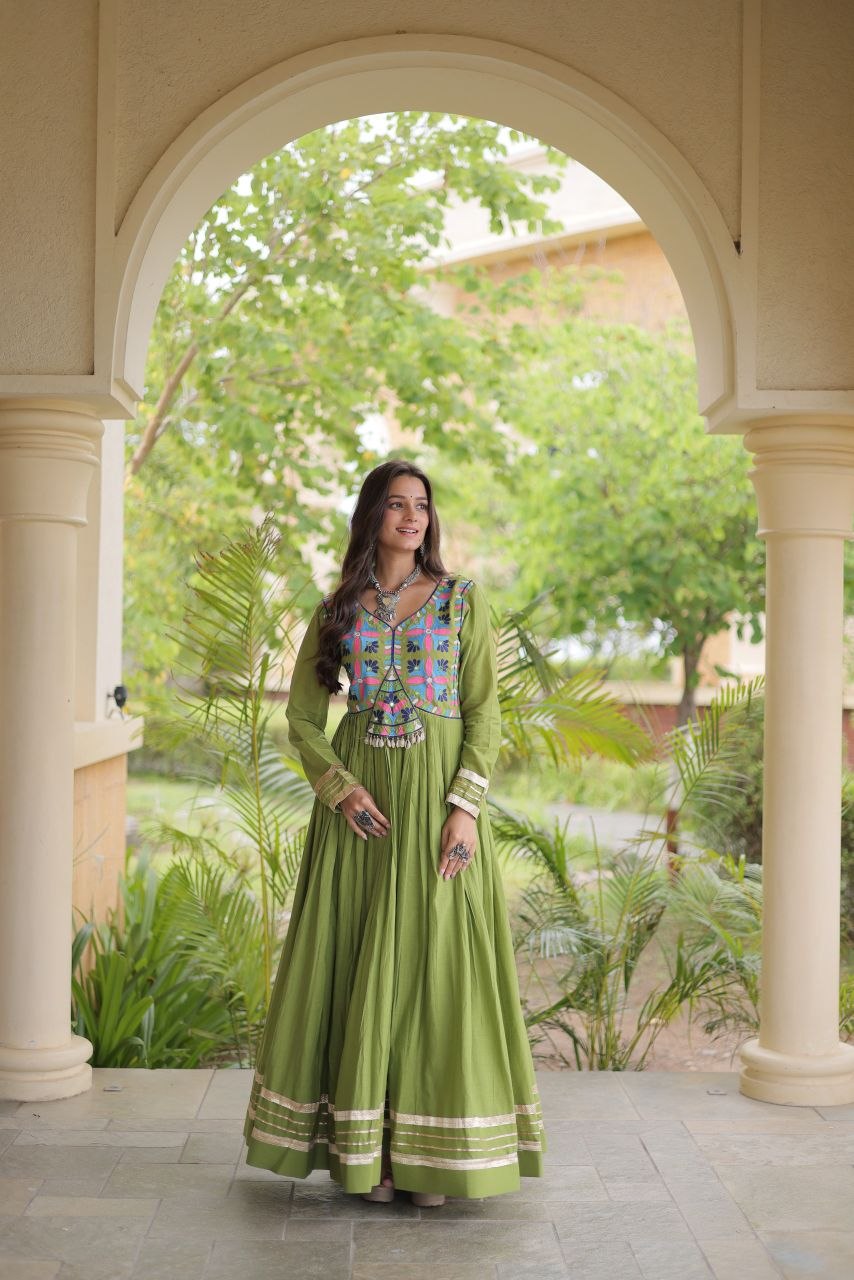 Parrot Green Kora Cotton Mirror Work Navratri Gown
