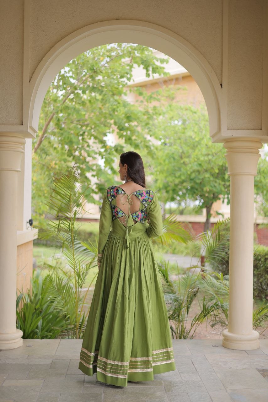 Parrot Green Kora Cotton Mirror Work Navratri Gown