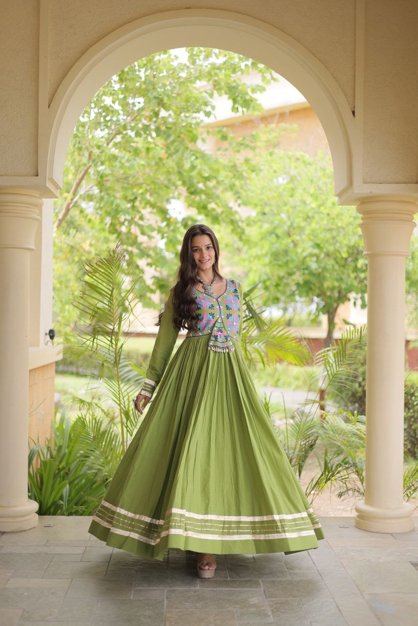 Parrot Green Kora Cotton Mirror Work Navratri Gown