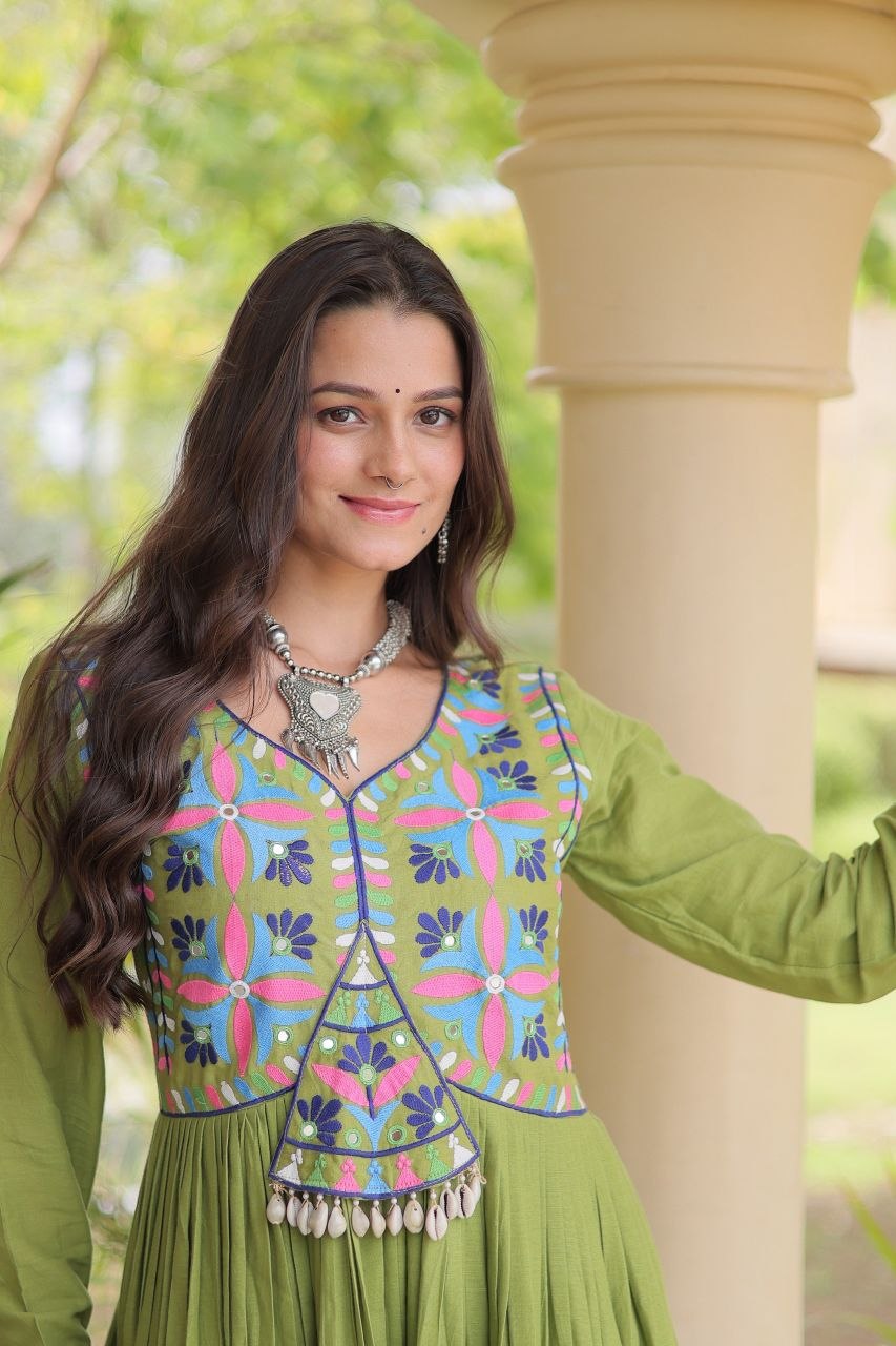 Parrot Green Kora Cotton Mirror Work Navratri Gown
