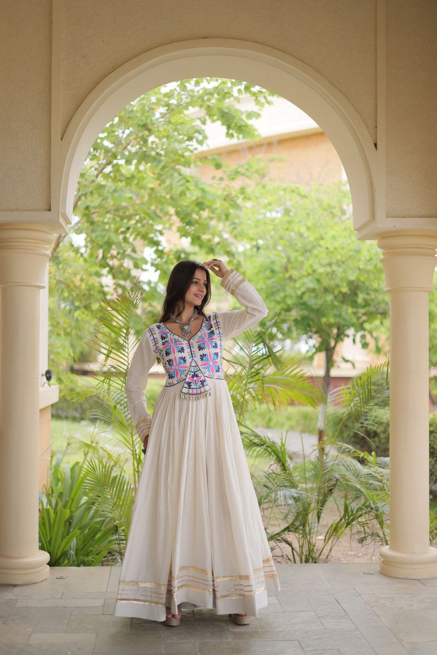Off-White Kora Cotton Mirror Work Navratri Gown
