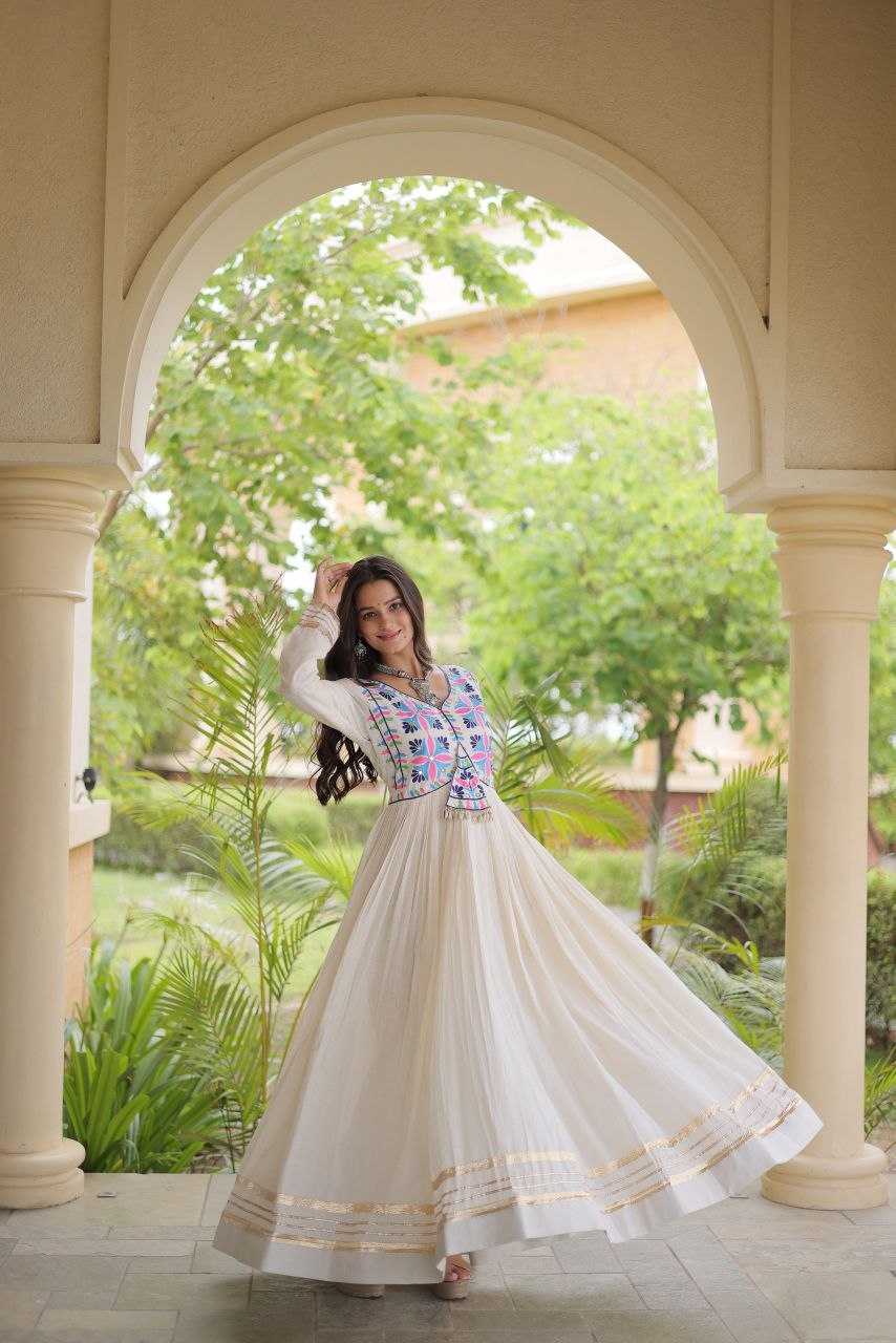 Off-White Kora Cotton Mirror Work Navratri Gown