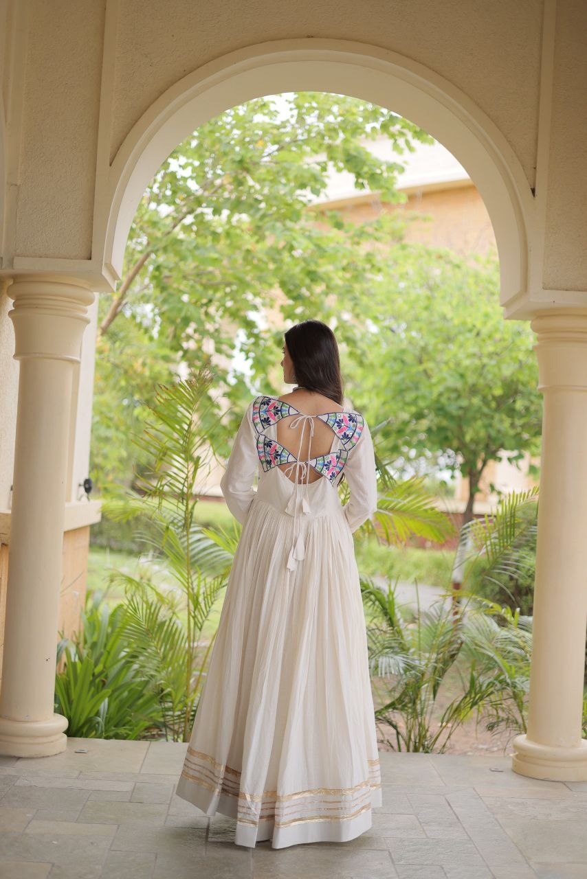 Off-White Kora Cotton Mirror Work Navratri Gown