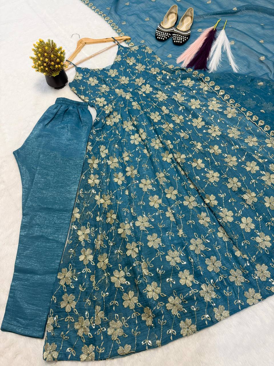 Women’s Designer Heavy Crushi Silk Anarkali Suit with Dupatta | Partywear Ethnic Set