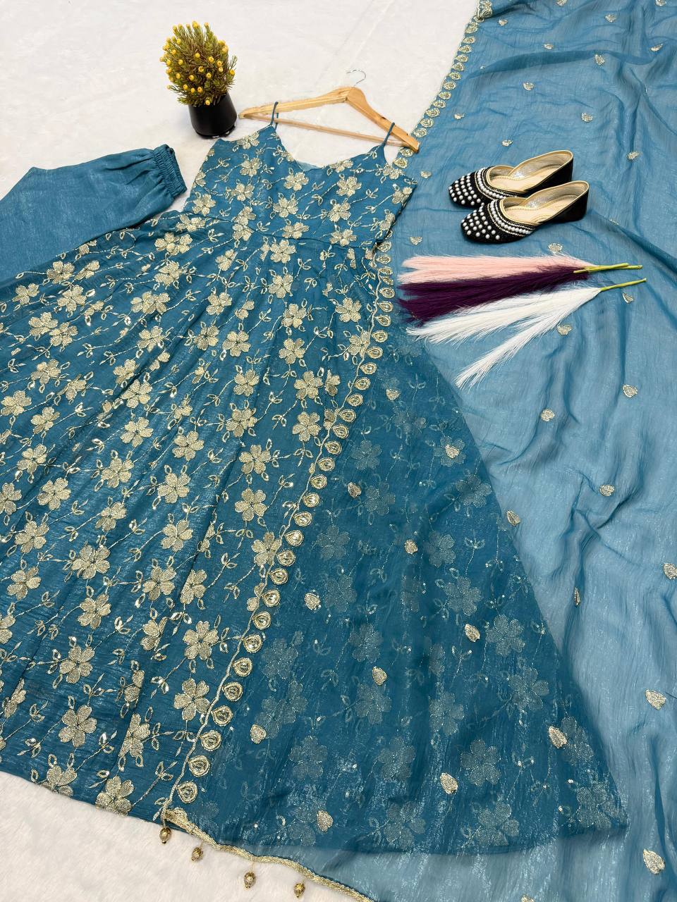 Women’s Designer Heavy Crushi Silk Anarkali Suit with Dupatta | Partywear Ethnic Set