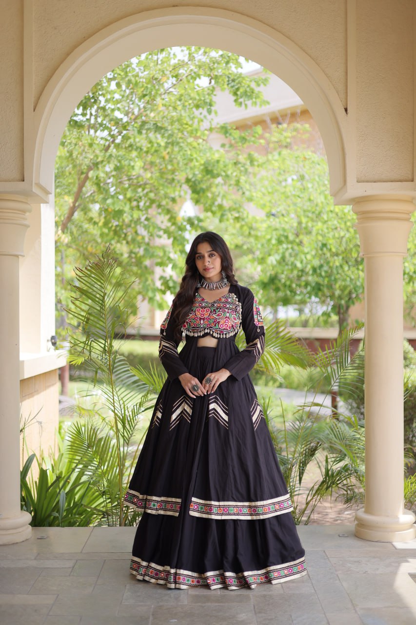 Black Gamthi & Gota Patti Lehenga with Embroidered Shrug | Full-Stitched