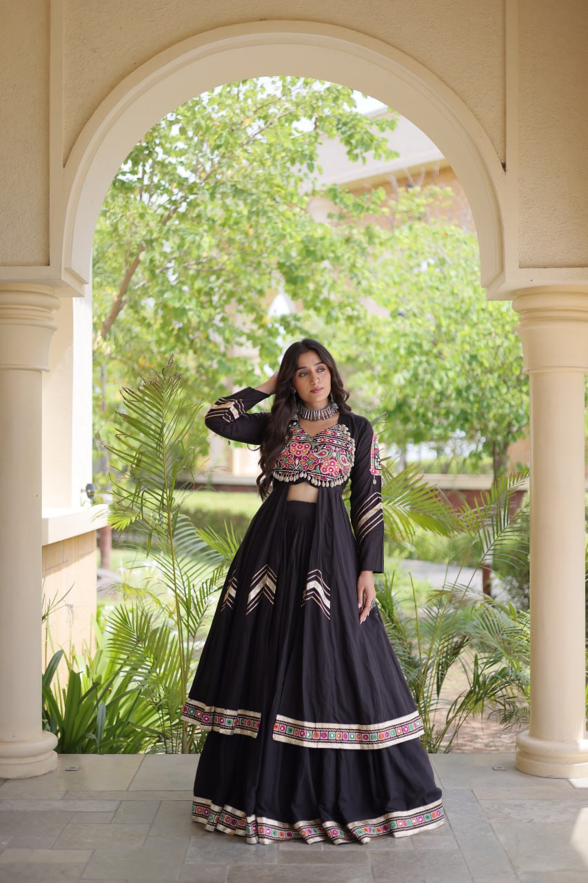 Black Gamthi & Gota Patti Lehenga with Embroidered Shrug | Full-Stitched