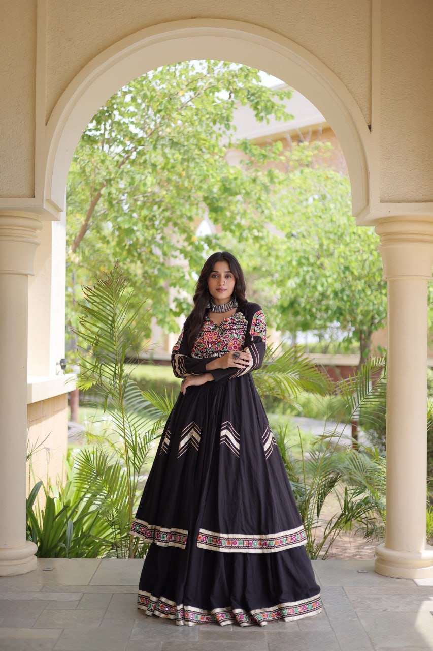 Black Gamthi & Gota Patti Lehenga with Embroidered Shrug | Full-Stitched