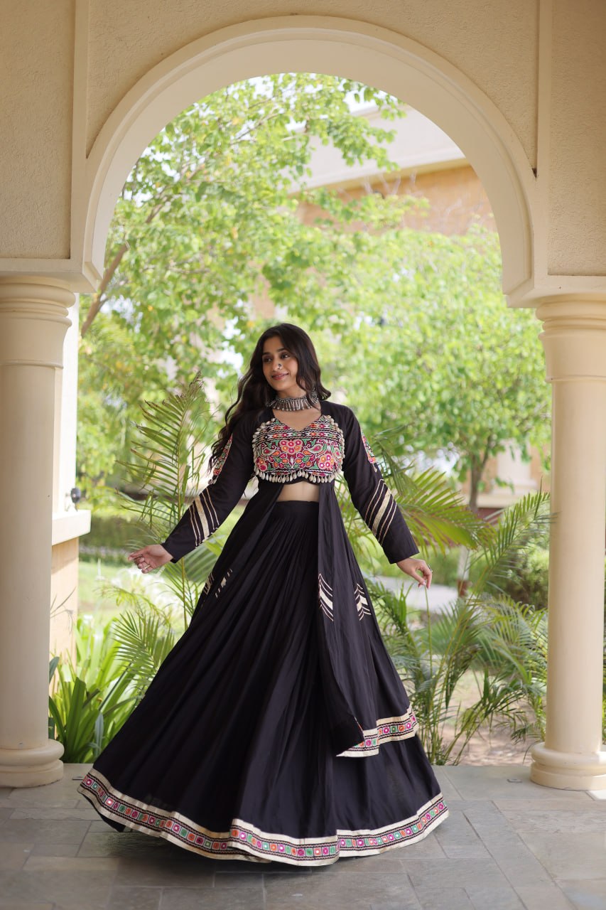Black Gamthi & Gota Patti Lehenga with Embroidered Shrug | Full-Stitched