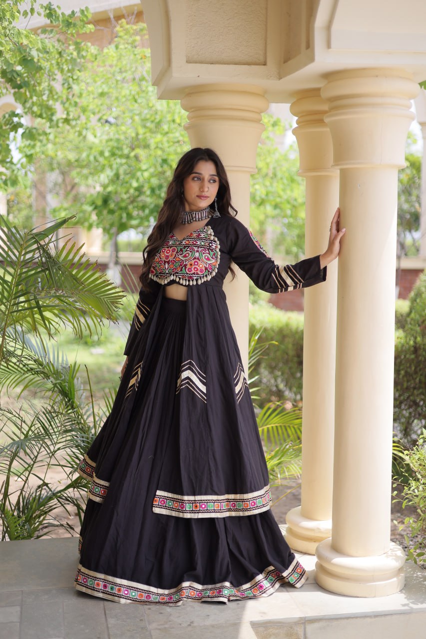 Black Gamthi & Gota Patti Lehenga with Embroidered Shrug | Full-Stitched