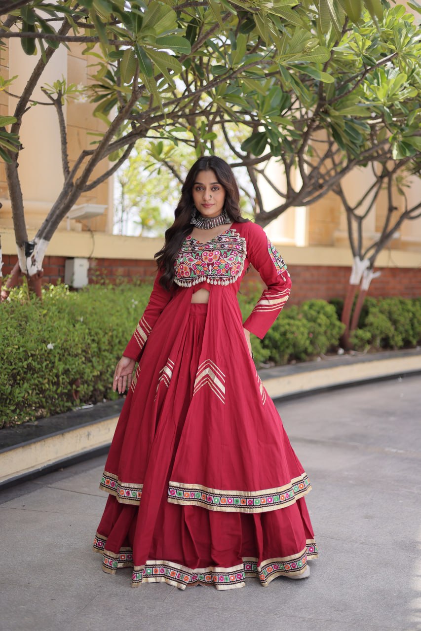 Maroon Gamthi Mirror Work Lehenga Set with Embroidered Shrug