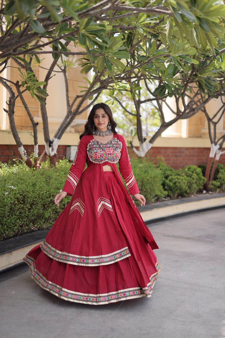 Maroon Gamthi Mirror Work Lehenga Set with Embroidered Shrug