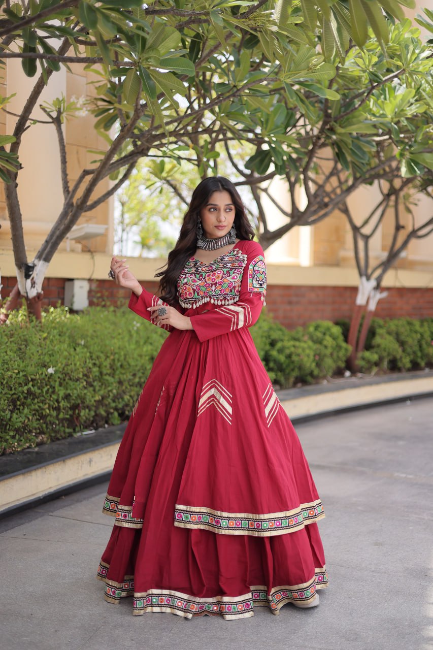 Maroon Gamthi Mirror Work Lehenga Set with Embroidered Shrug