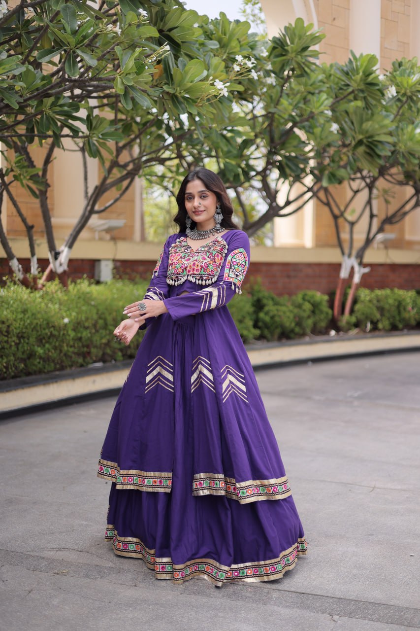 Purple Kora Cotton Gamthi & Mirror Work Full-Stitched Lehenga Set