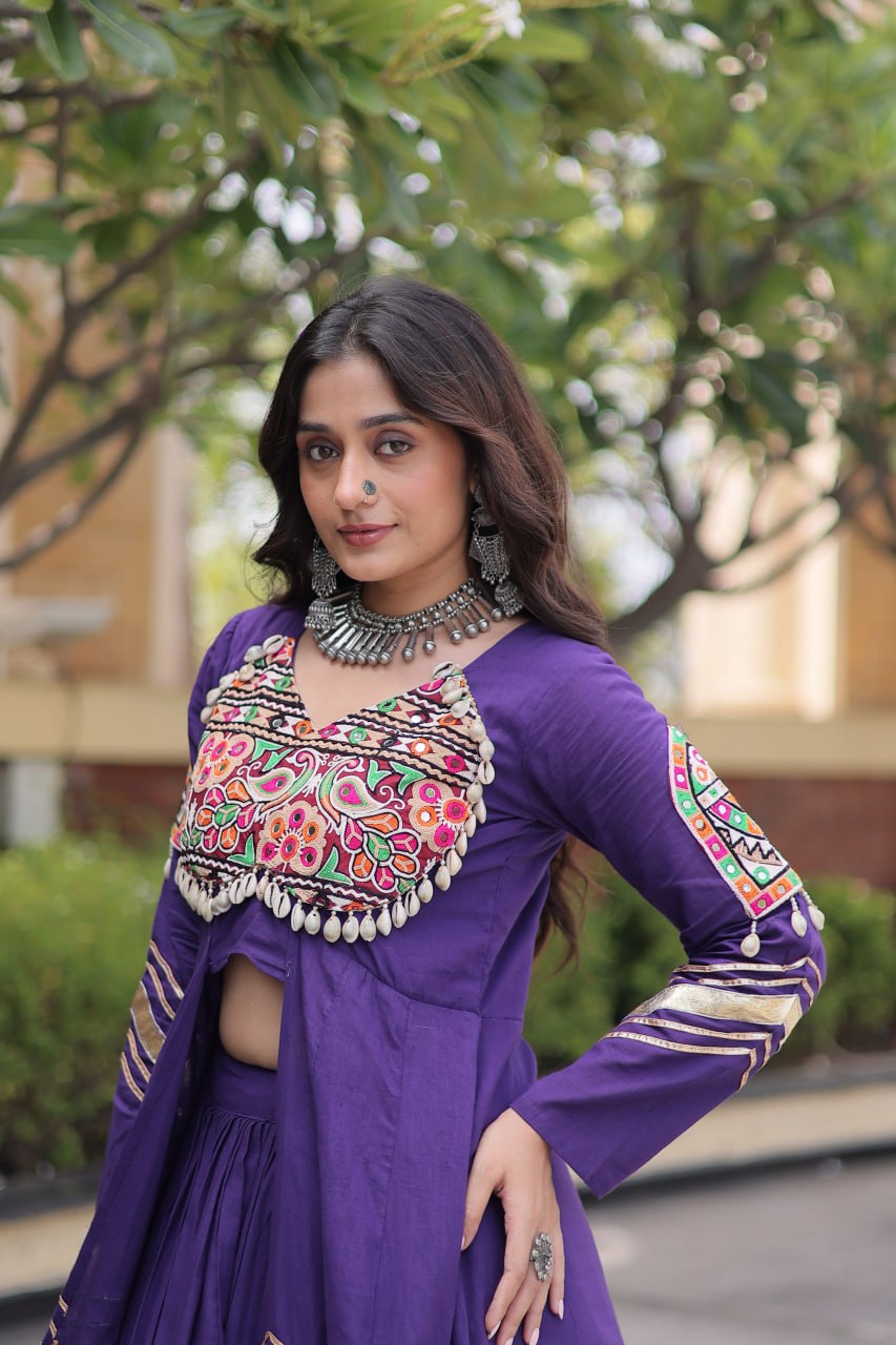Purple Kora Cotton Gamthi & Mirror Work Full-Stitched Lehenga Set