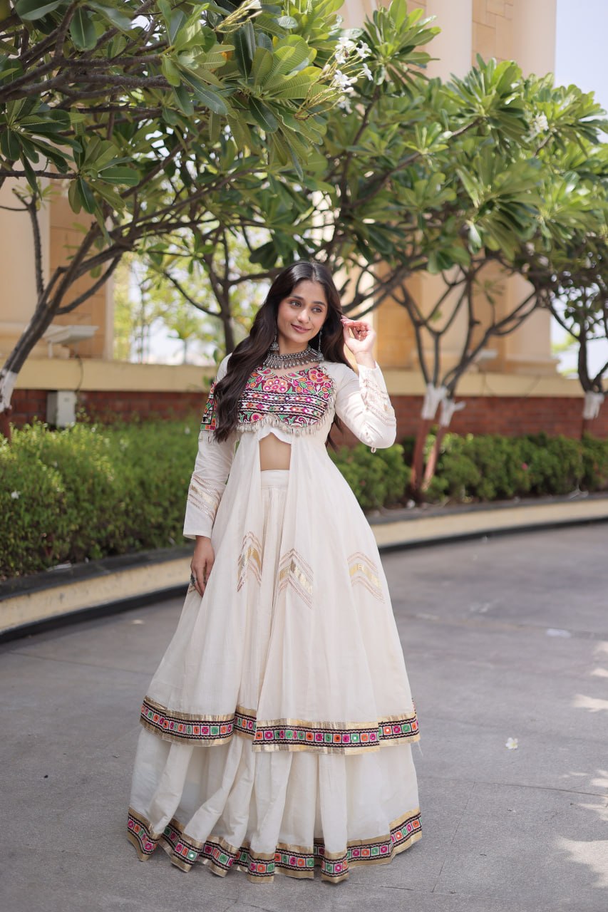 White Kora Cotton Gamthi & Mirror Work Full-Stitched Lehenga Set
