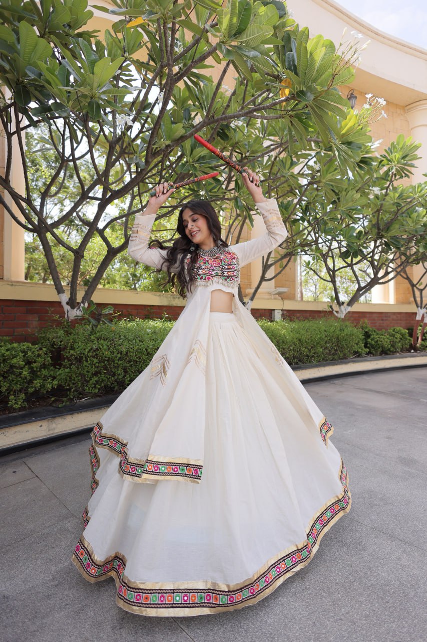 White Kora Cotton Gamthi & Mirror Work Full-Stitched Lehenga Set