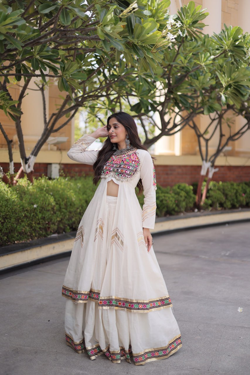 White Kora Cotton Gamthi & Mirror Work Full-Stitched Lehenga Set