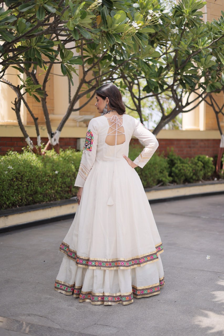 White Kora Cotton Gamthi & Mirror Work Full-Stitched Lehenga Set
