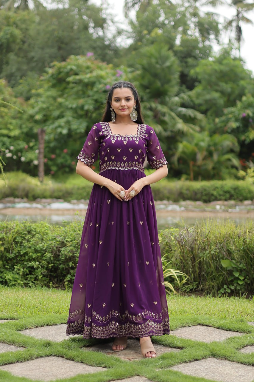 Diwali Special Wine Square Neck Partywear Gown