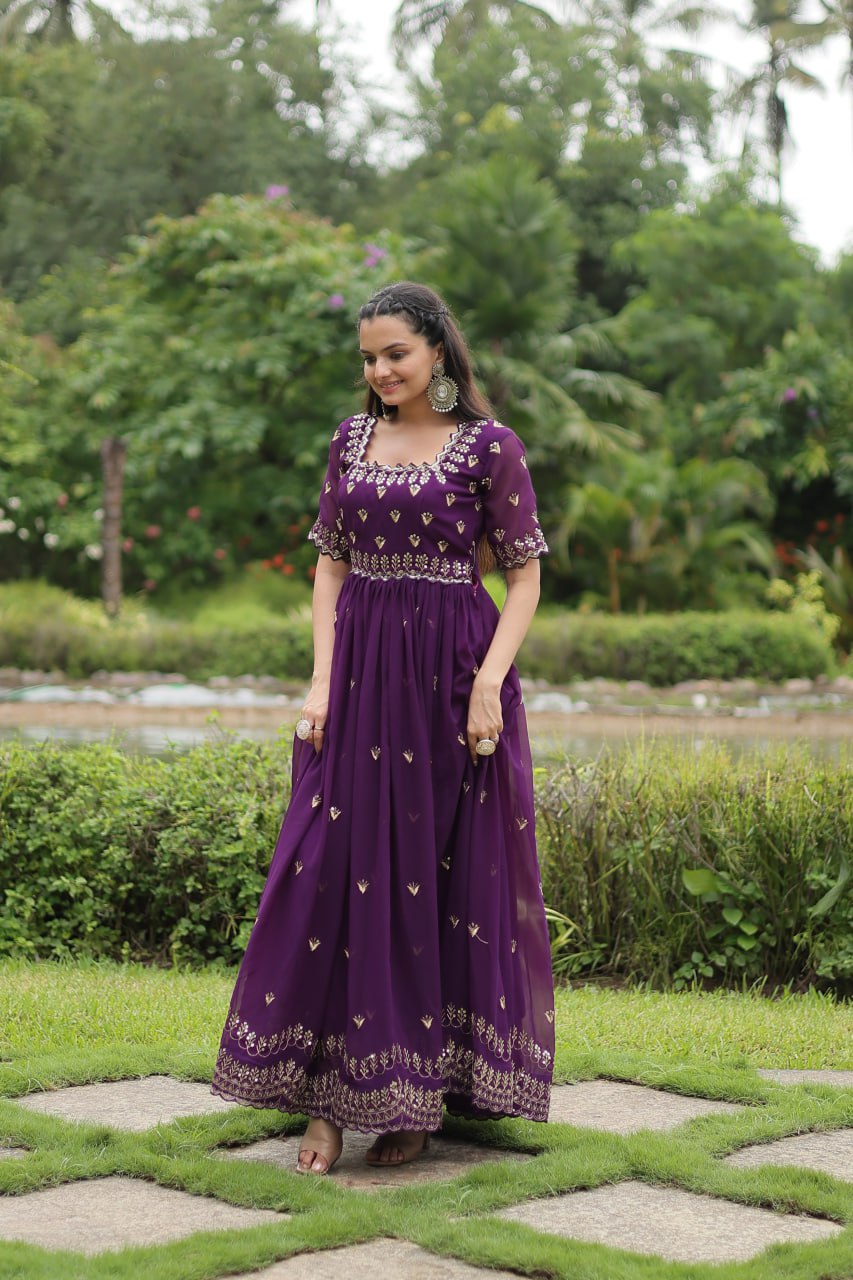 Diwali Special Wine Square Neck Partywear Gown