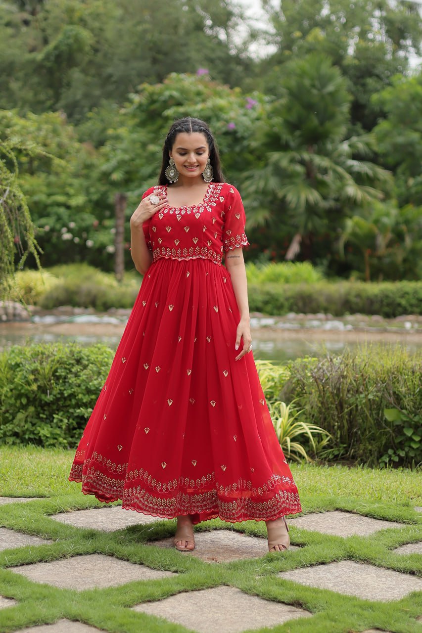 Diwali Special Red Square Neck Partywear Gown