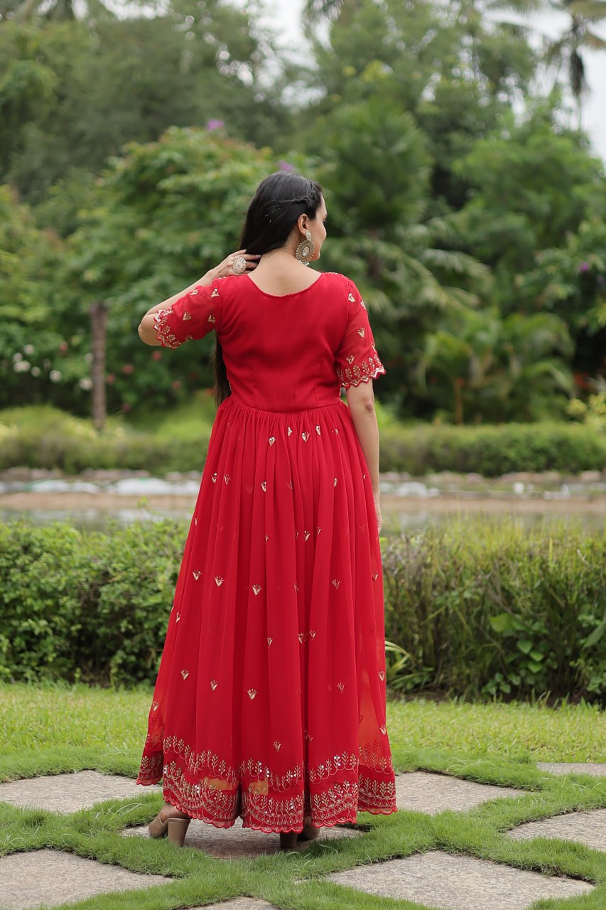 Diwali Special Red Square Neck Partywear Gown