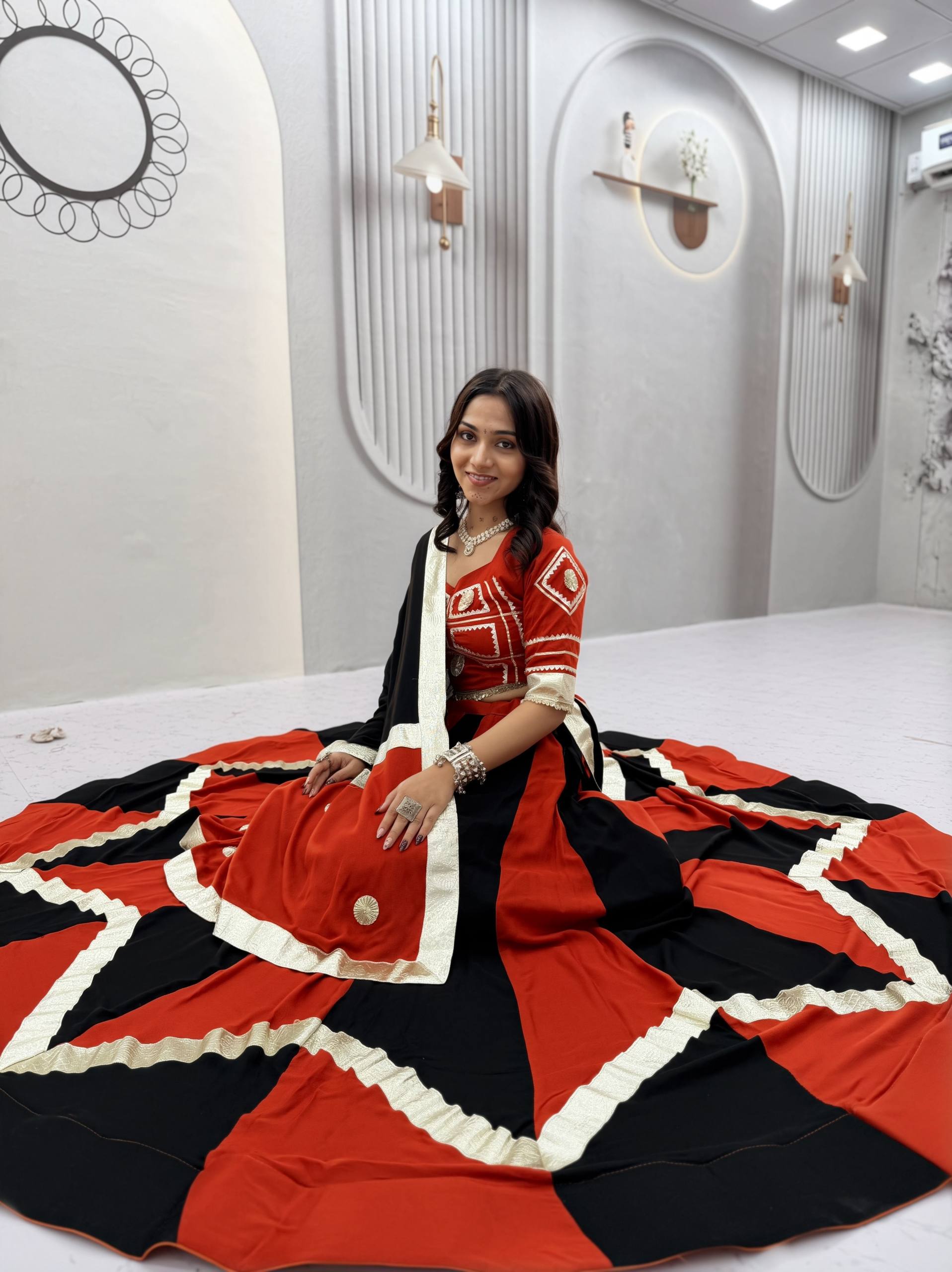 Rust Orange & Black Pure Cotton Gota Patti Lehenga Choli with Dupatta