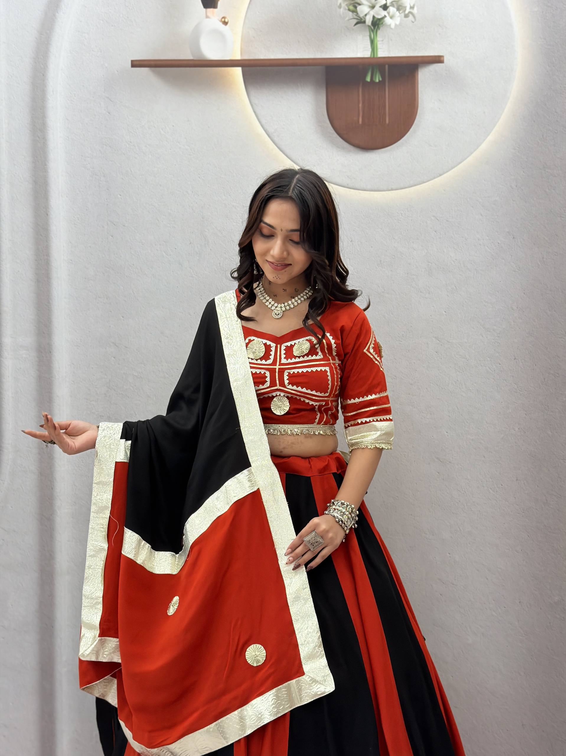 Rust Orange & Black Pure Cotton Gota Patti Lehenga Choli with Dupatta