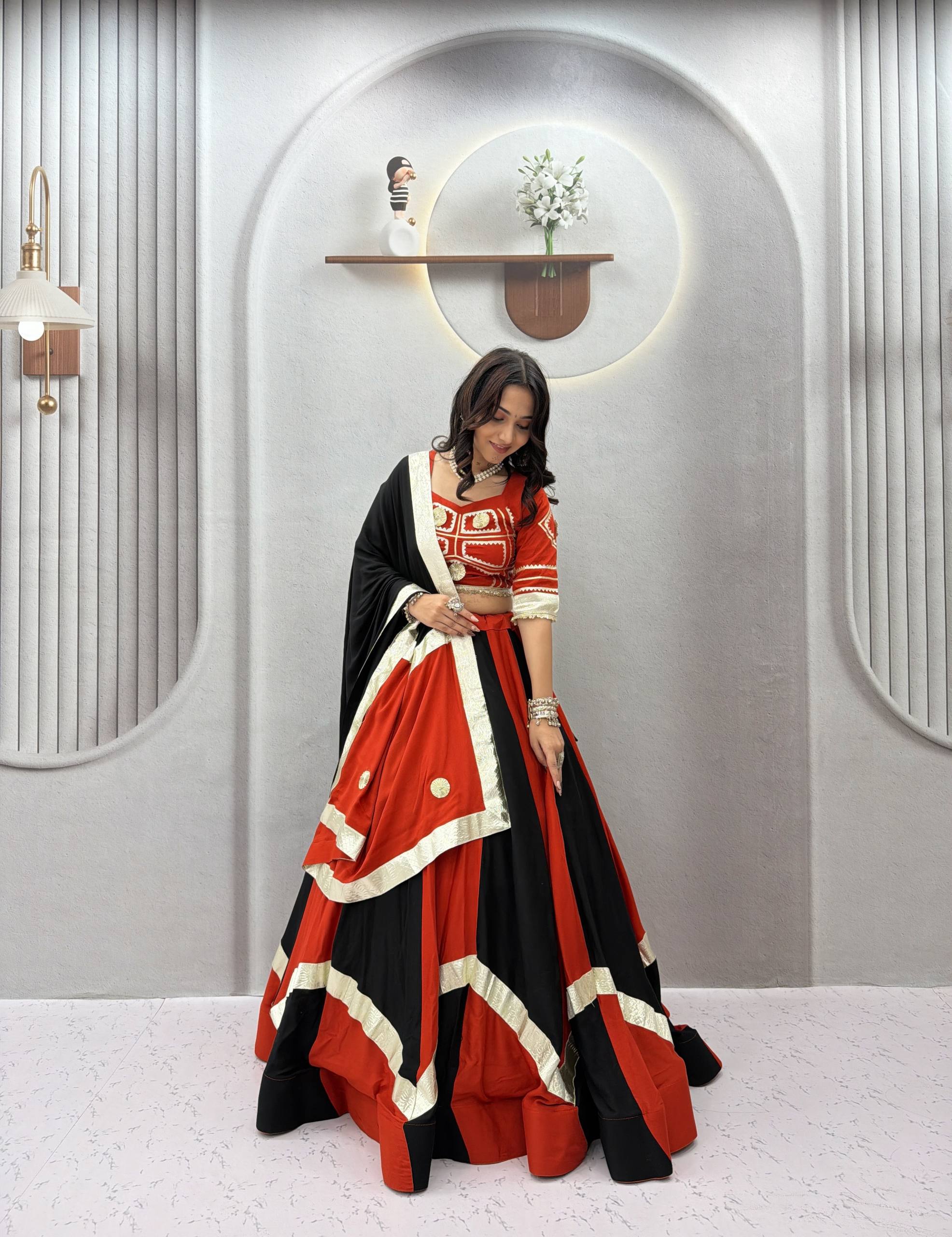 Rust Orange & Black Pure Cotton Gota Patti Lehenga Choli with Dupatta