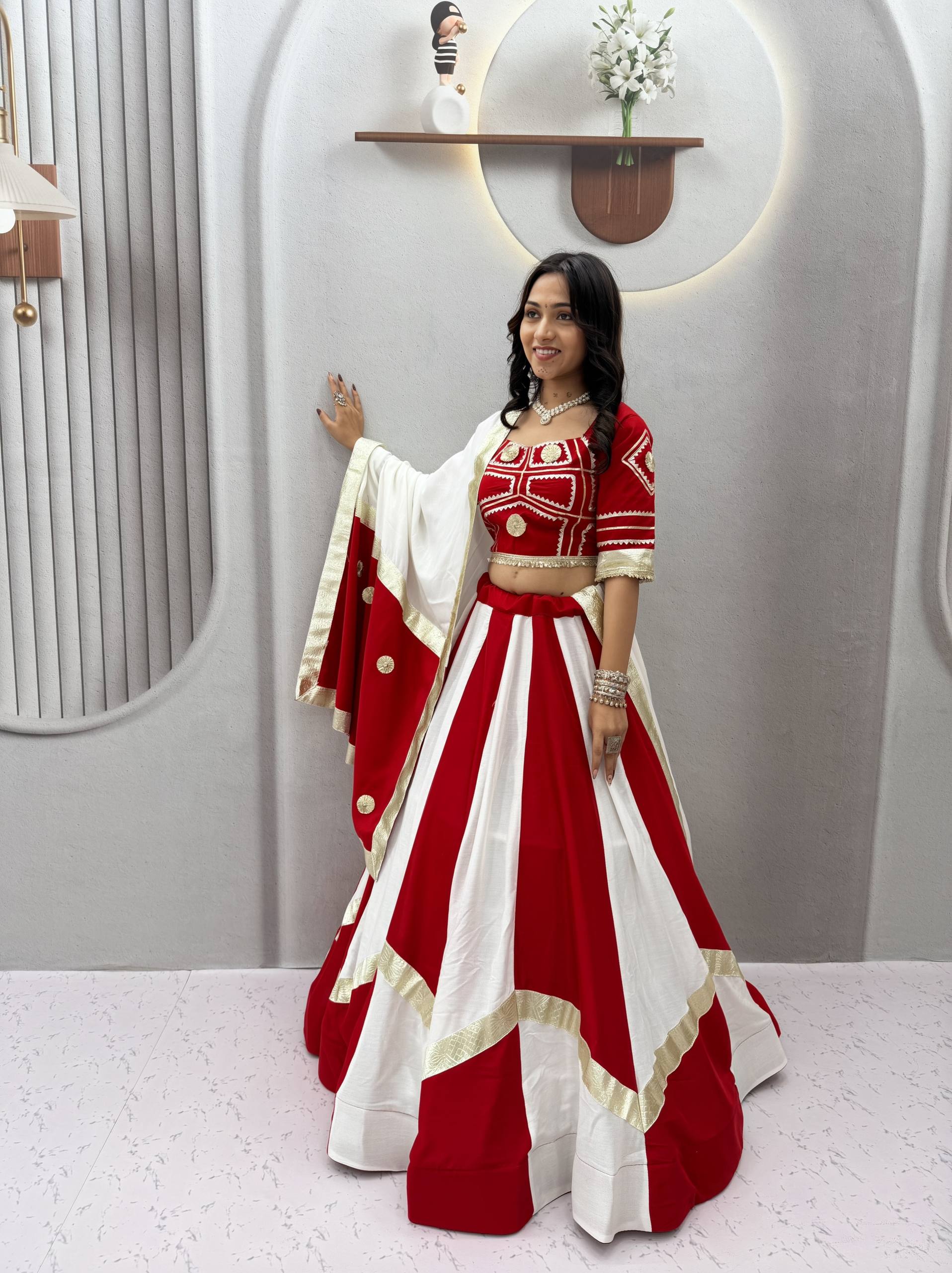 Red & White Pure Cotton Gota Patti Lehenga Choli with Dupatta