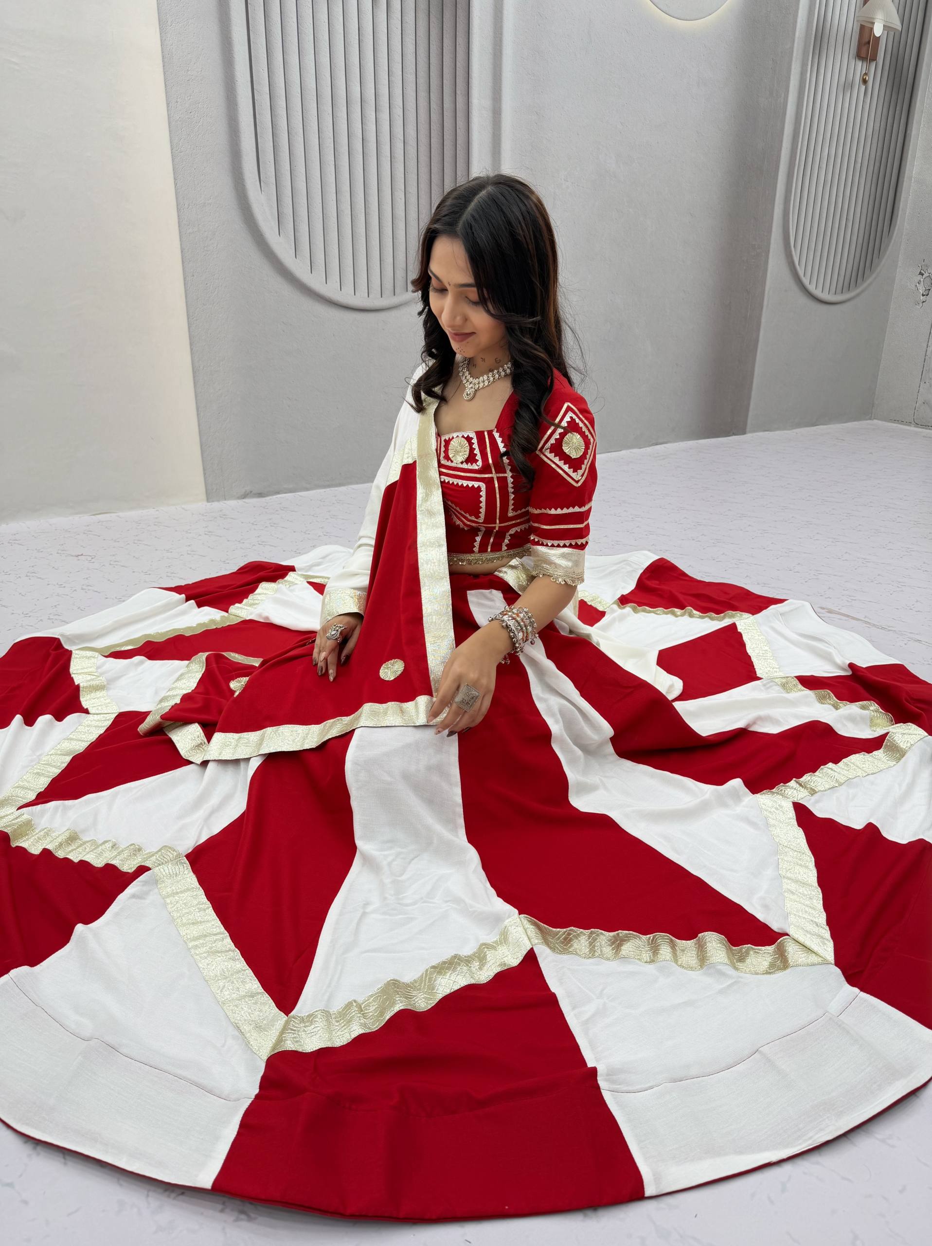 Red & White Pure Cotton Gota Patti Lehenga Choli with Dupatta