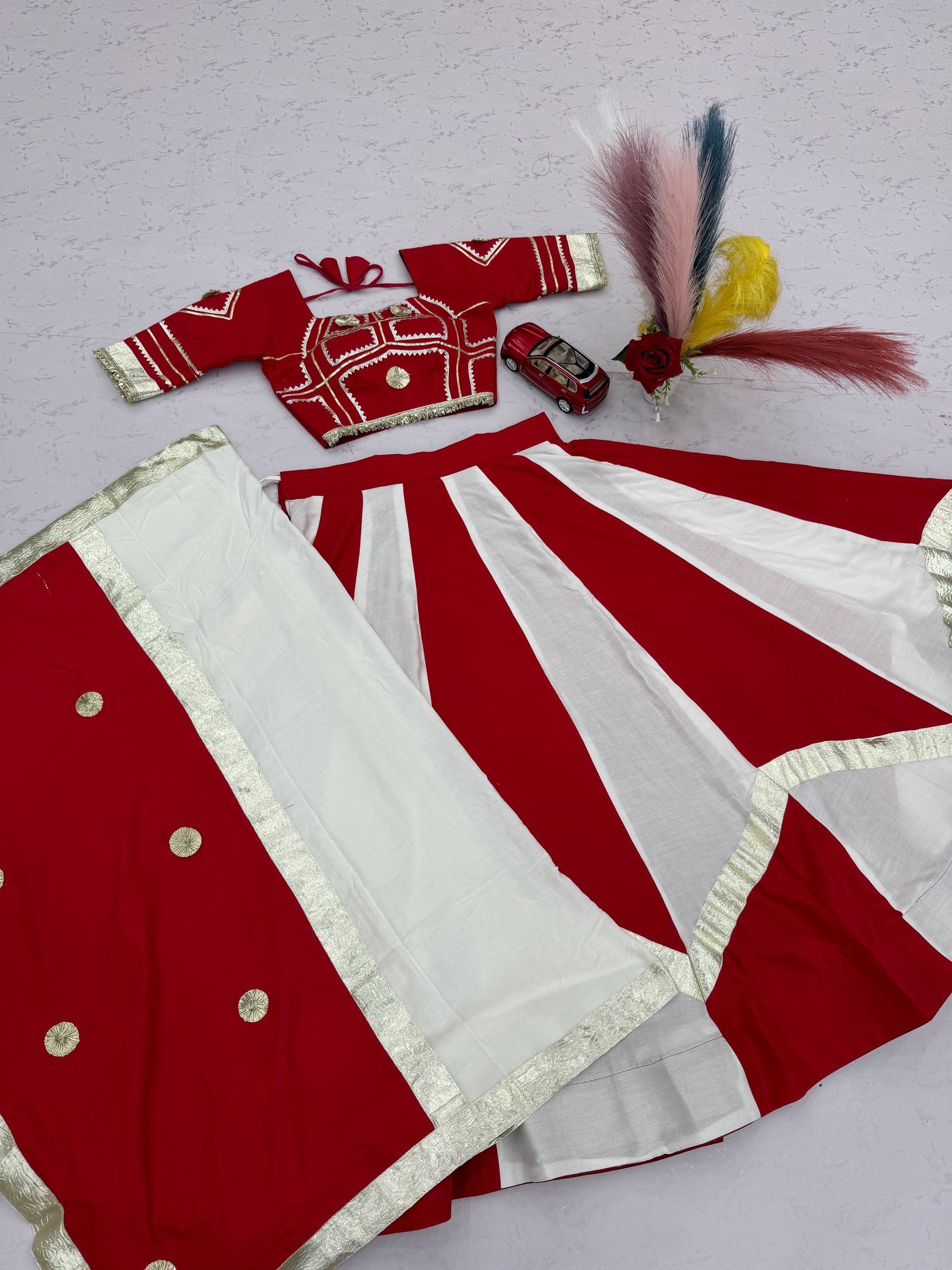 Red & White Pure Cotton Gota Patti Lehenga Choli with Dupatta