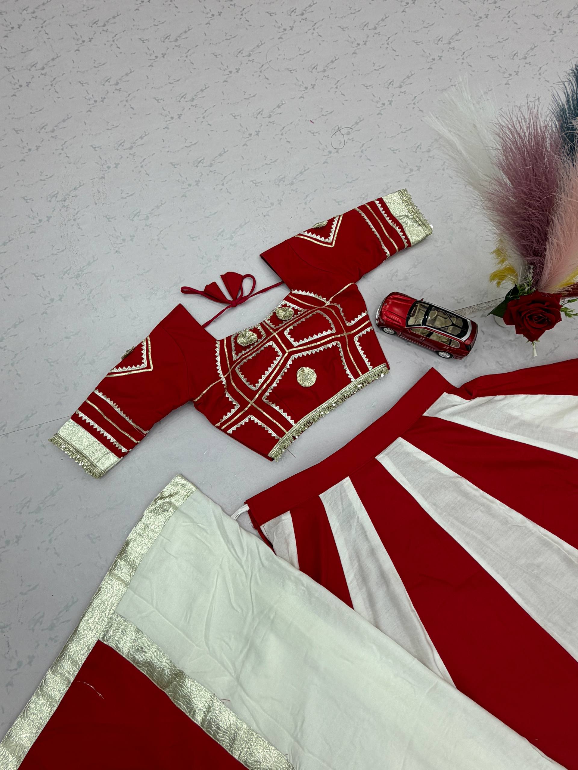 Red & White Pure Cotton Gota Patti Lehenga Choli with Dupatta