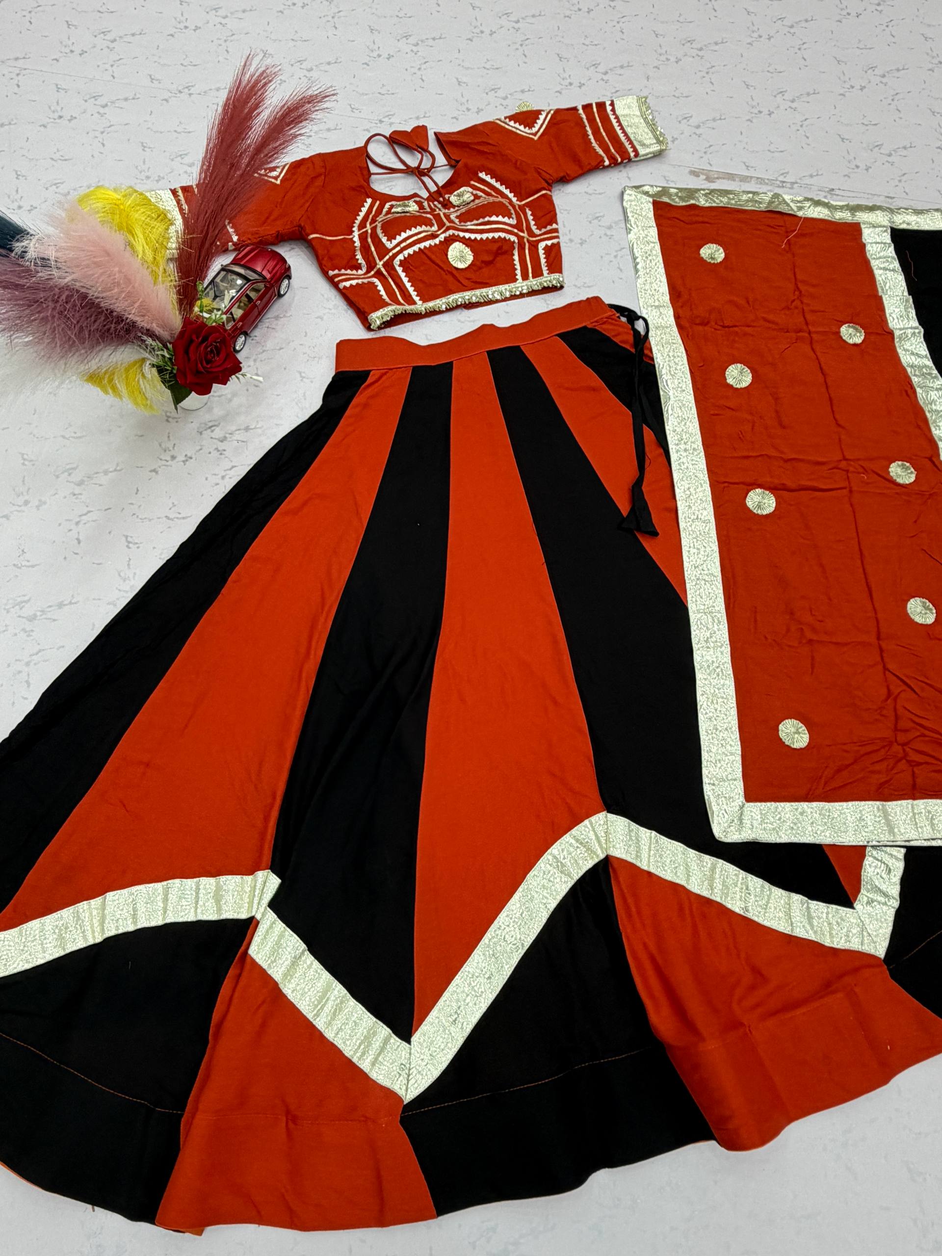Rust Orange & Black Pure Cotton Gota Patti Lehenga Choli with Dupatta