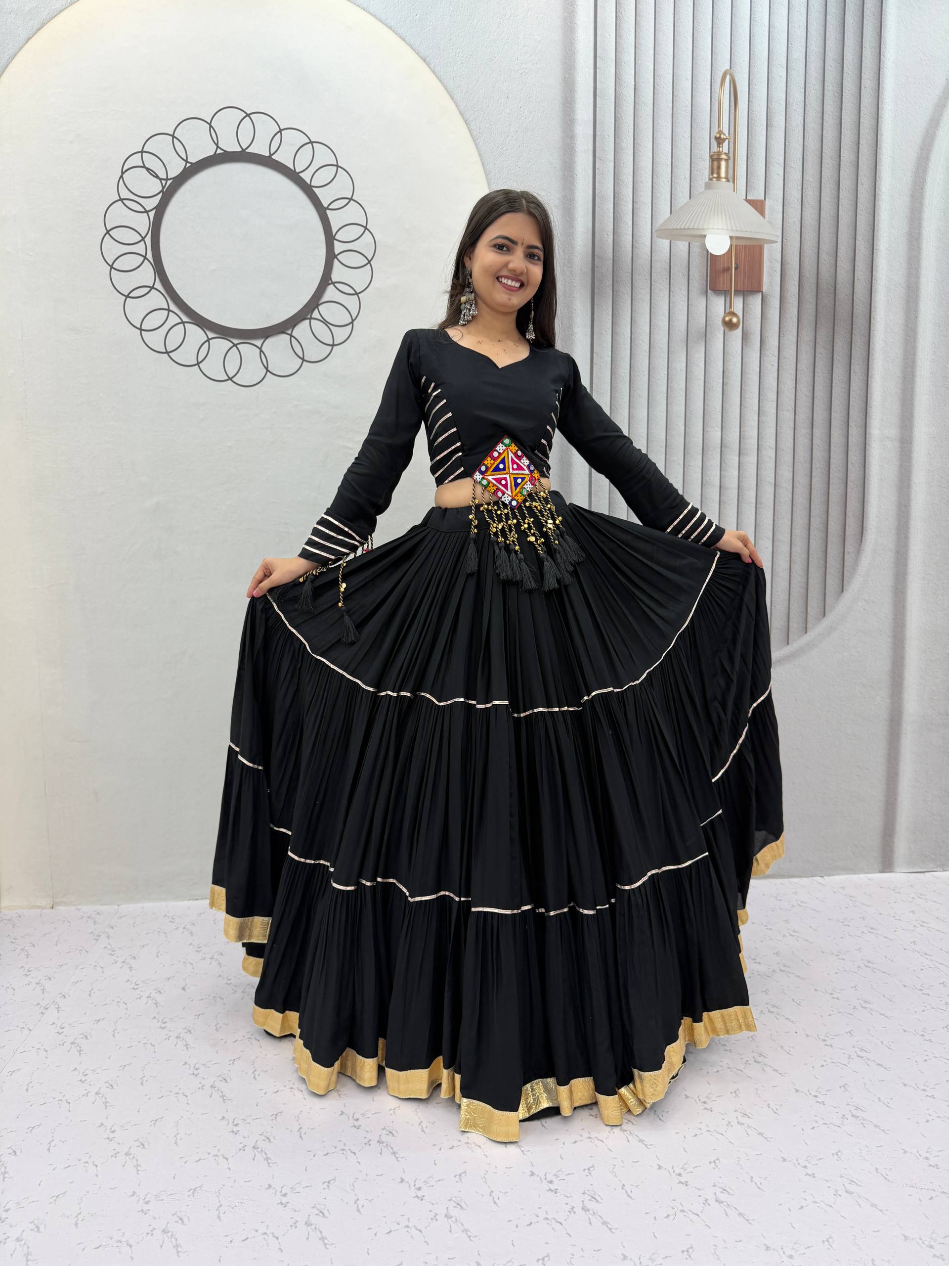 Black Cotton Gamthi Work Lehenga Choli with Mirror Embroidery & Tassel Details