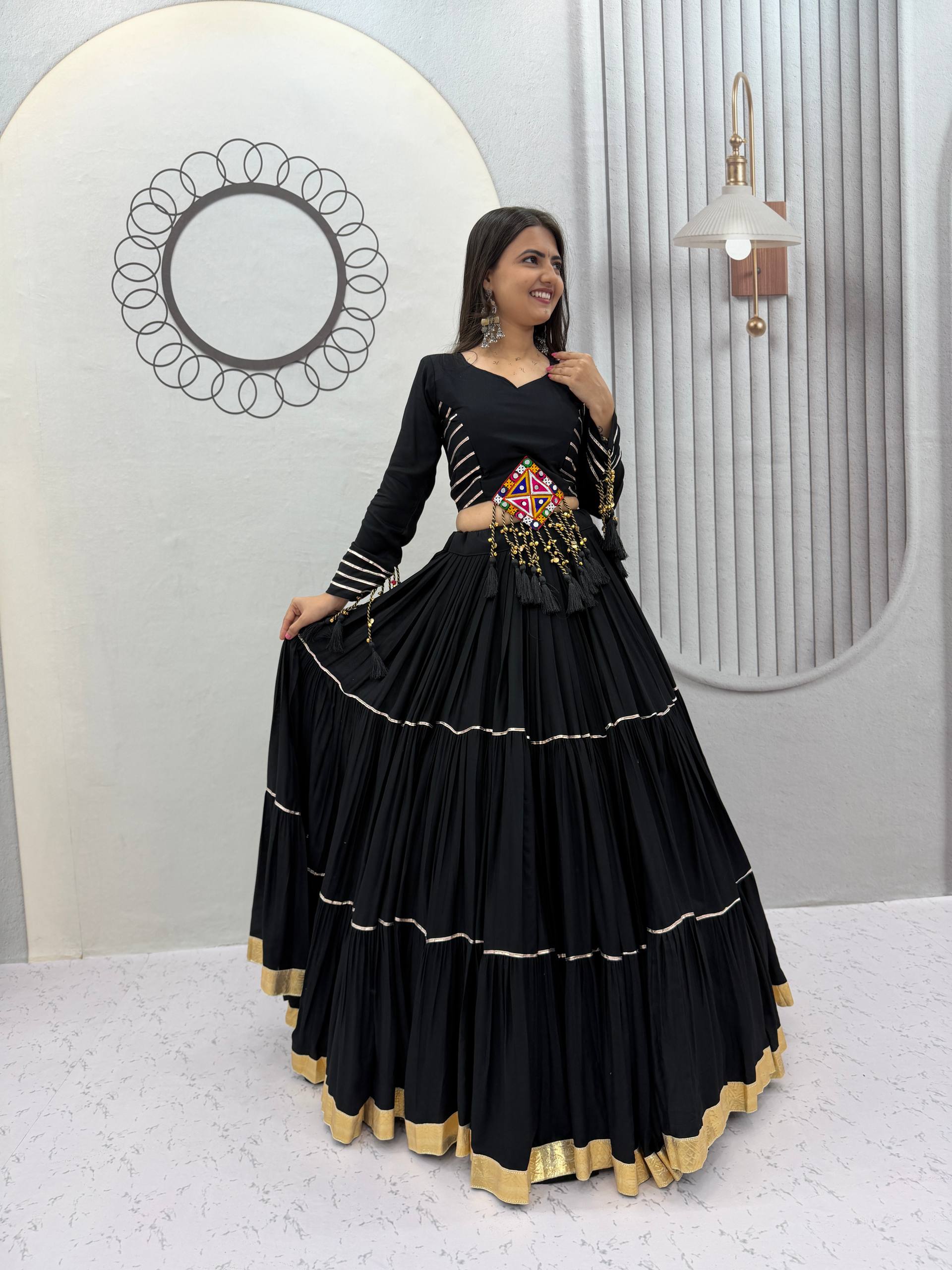 Black Cotton Gamthi Work Lehenga Choli with Mirror Embroidery & Tassel Details
