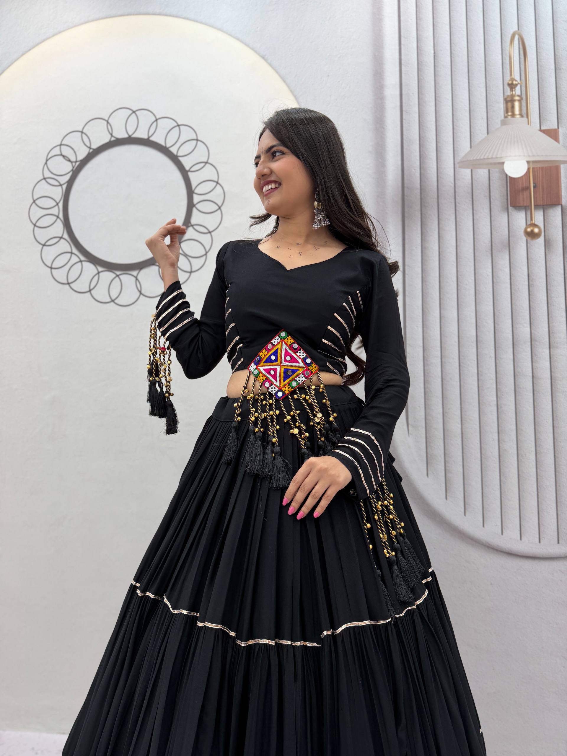 Black Cotton Gamthi Work Lehenga Choli with Mirror Embroidery & Tassel Details