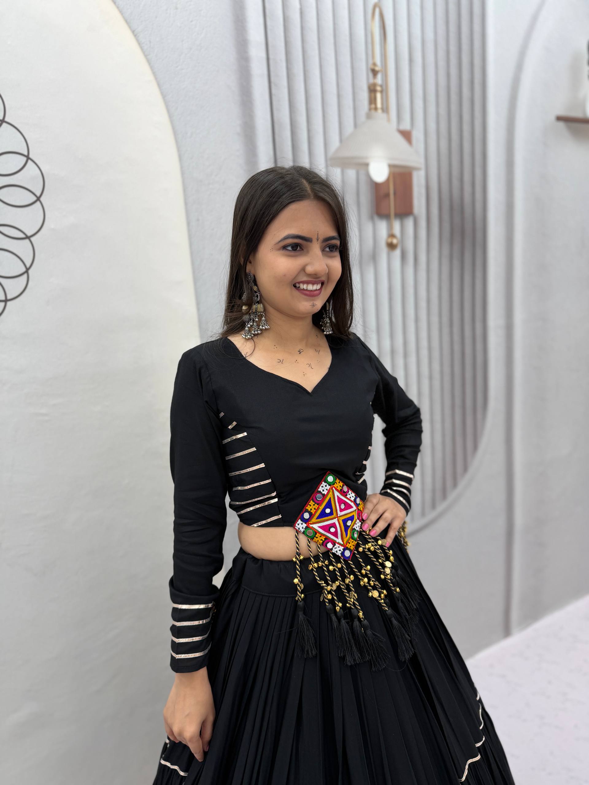 Black Cotton Gamthi Work Lehenga Choli with Mirror Embroidery & Tassel Details